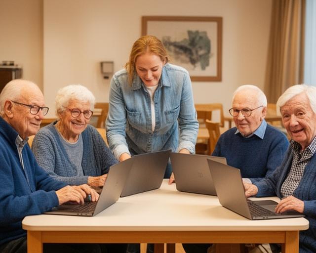 Een groep van vijf senioren zit samen in een gezellig lokaal in Tilburg te werken op laptops, met een begeleider die over de schouder meekijkt en uitleg geeft