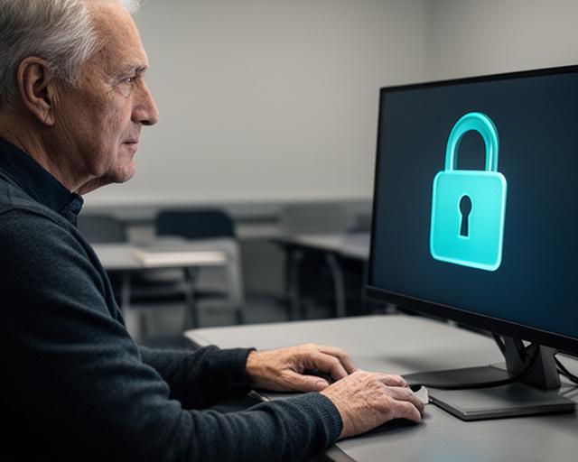 Een senior man met grijs haar leert over online veiligheid, met een groot slot-icoon zichtbaar op het computerscherm naast hem in een leslokaal in Tilburg