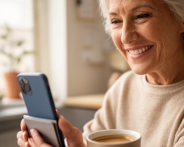 Een senior vrouw met een stralende glimlach die naar haar smartphone kijkt tijdens een persoonlijke computerles in Tilburg, met een kop koffie erbij